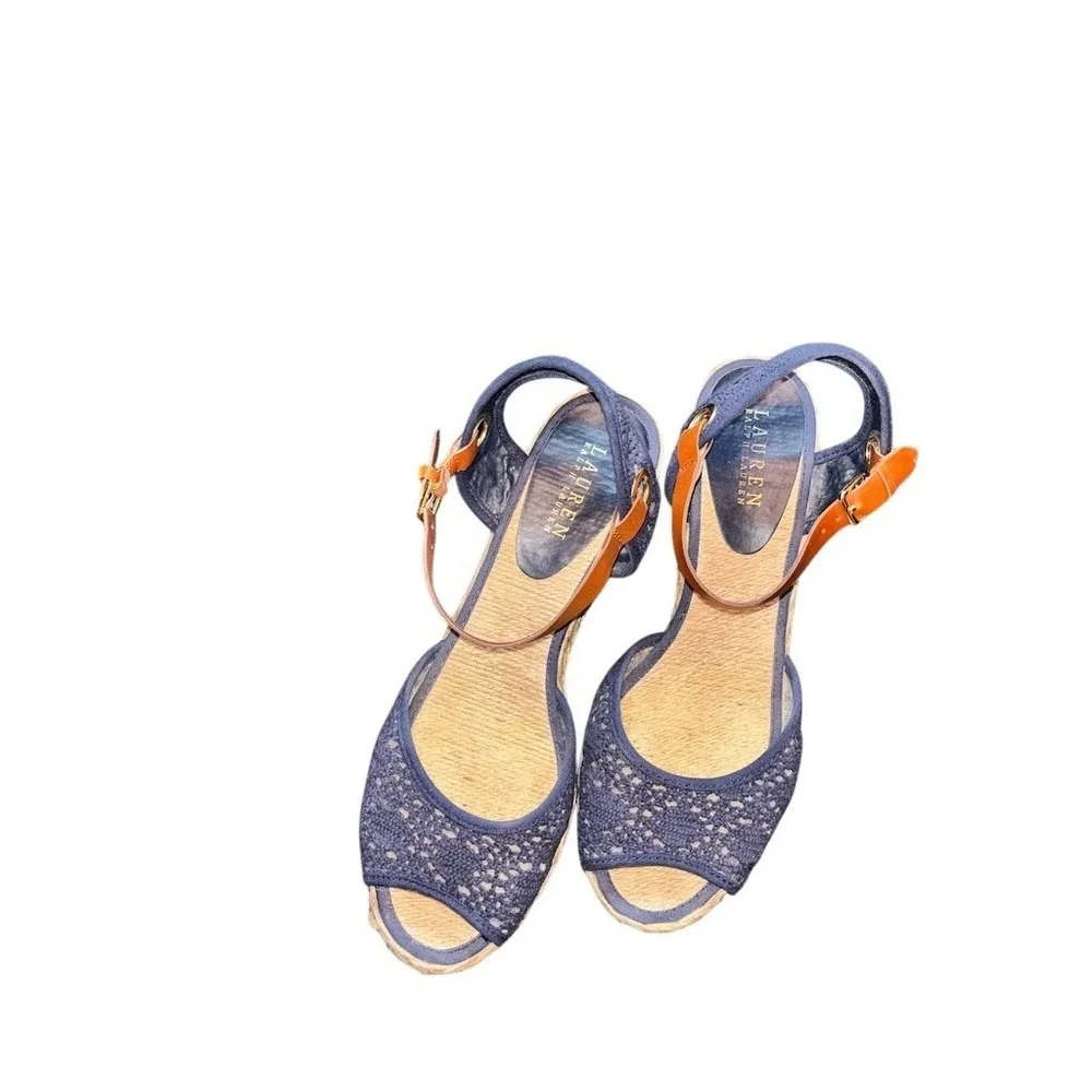 Lauren Ralph Lauren Wedge Espadrille Sandal Women Navy Lace Peep Toe 10 jute 3.5